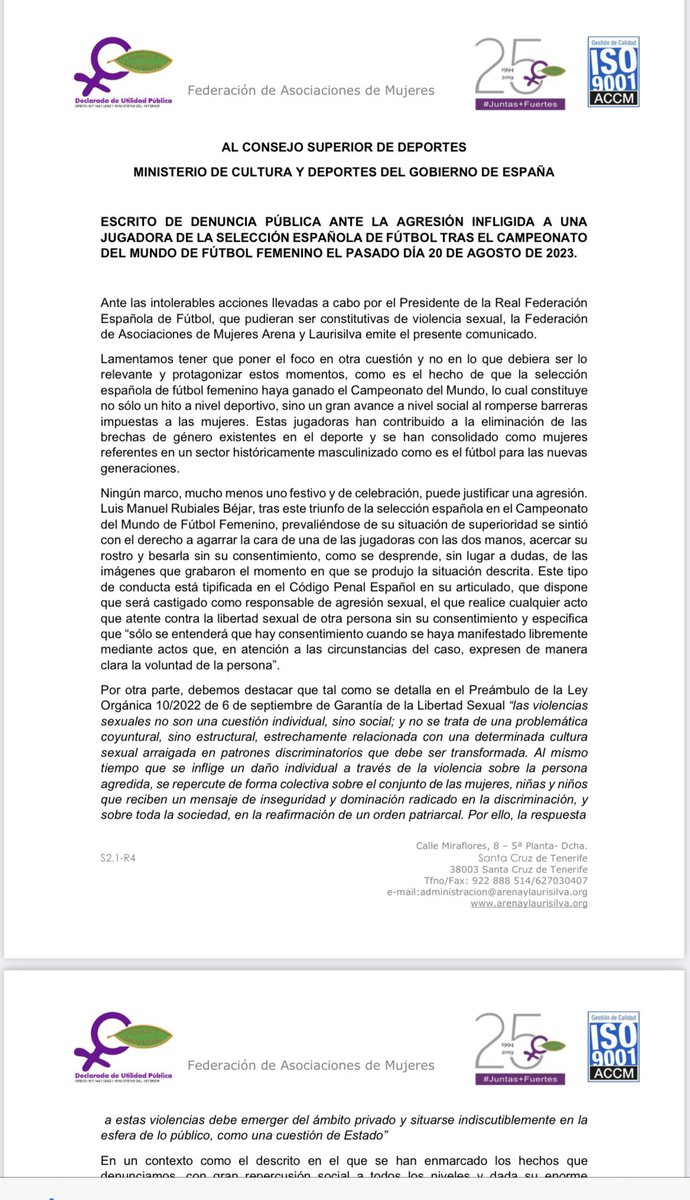 CoordinaCOMPI's tweet image. #RubialesDestitucion #Compi comparte la denuncia de su socia @ArenaLaurisilva , que ha presentado ante el Consejo Superior de Deportes para que se destituya al presidente de la Federación Española de Fútbol #RubialesCese