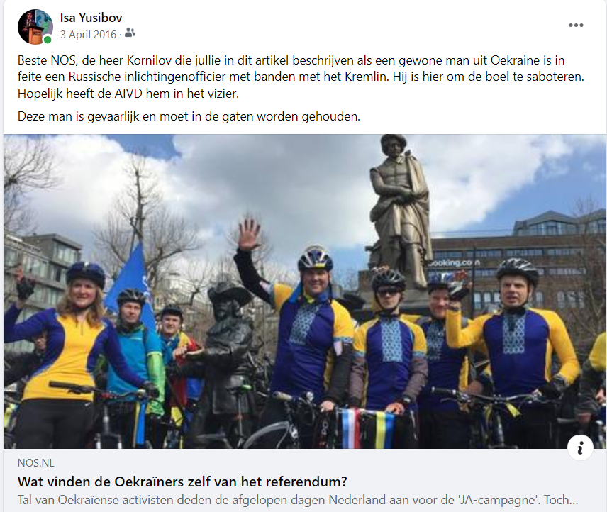 Eens. Het Oekraine referendum in 2016 was een test van de Russische inlichtingendiensten in aanloop naar Brexit. Nederland was in april 2016 het bolwerk van prominente RU spionnen, zoals Kornilov en Boshirov (van Skripal vergiftiging).