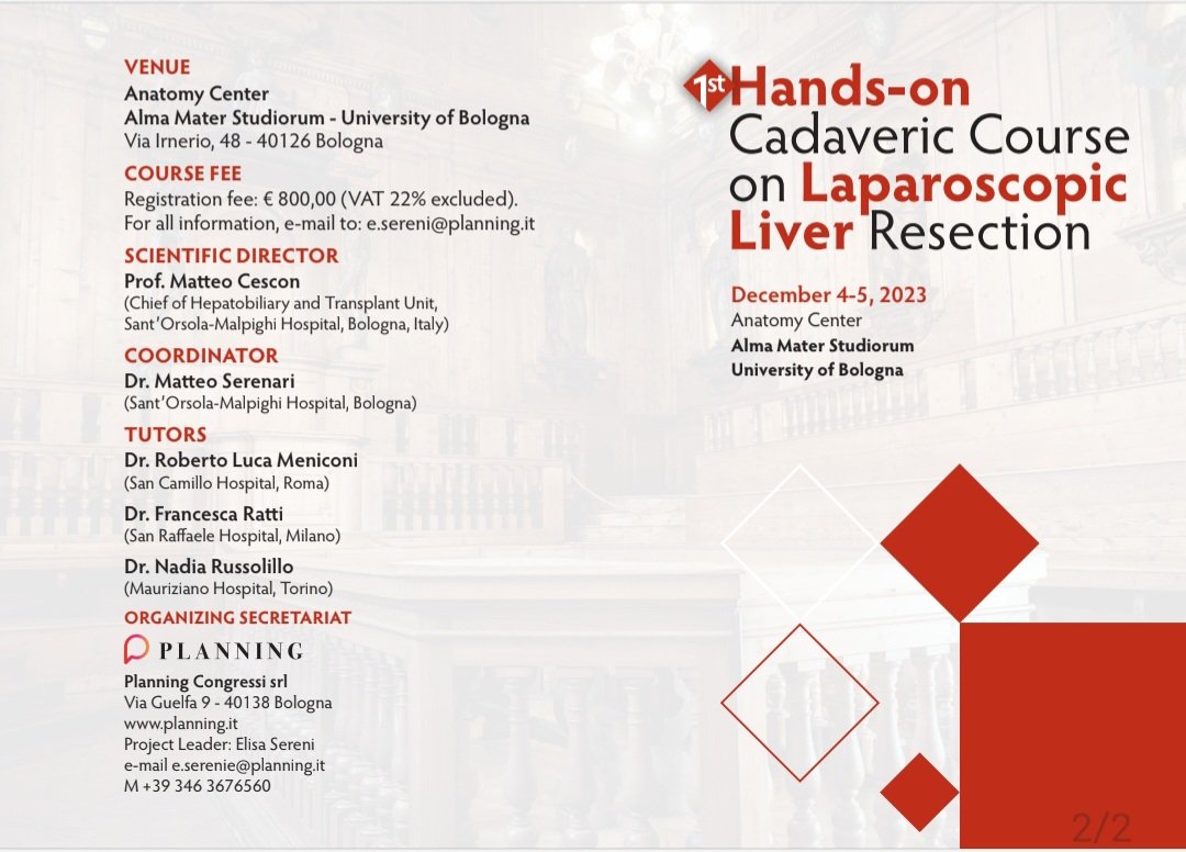 Matteo Serenari (@mserenari85) on Twitter photo Save the Date! 4-5 December 2023, Bologna
Hands-on Cadaveric Course on Laparoscopic Liver Resection with <a href="/FrancescaRatti3/">Francesca Ratti</a> <a href="/RussolilloNadia/">Nadia Russolillo</a> <a href="/RobertoMenicon2/">Roberto Meniconi</a> <a href="/matteo_ravaioli/">Matteo Ravaioli</a>
For more information, email to e.sereni@planning.it or DM me
<a href="/spigc2018/">SPIGC</a> <a href="/Aicep4/">AICEP</a> <a href="/ILLS_LAPLIVER/">ILLS</a> <a href="/EAHPBA/">E-AHPBA</a> Save the Date! 4-5 December 2023, Bologna
Hands-on Cadaveric Course on Laparoscopic Liver Resection with <a href="/FrancescaRatti3/">Francesca Ratti</a> <a href="/RussolilloNadia/">Nadia Russolillo</a> <a href="/RobertoMenicon2/">Roberto Meniconi</a> <a href="/matteo_ravaioli/">Matteo Ravaioli</a>
For more information, email to e.sereni@planning.it or DM me
<a href="/spigc2018/">SPIGC</a> <a href="/Aicep4/">AICEP</a> <a href="/ILLS_LAPLIVER/">ILLS</a> <a href="/EAHPBA/">E-AHPBA</a>