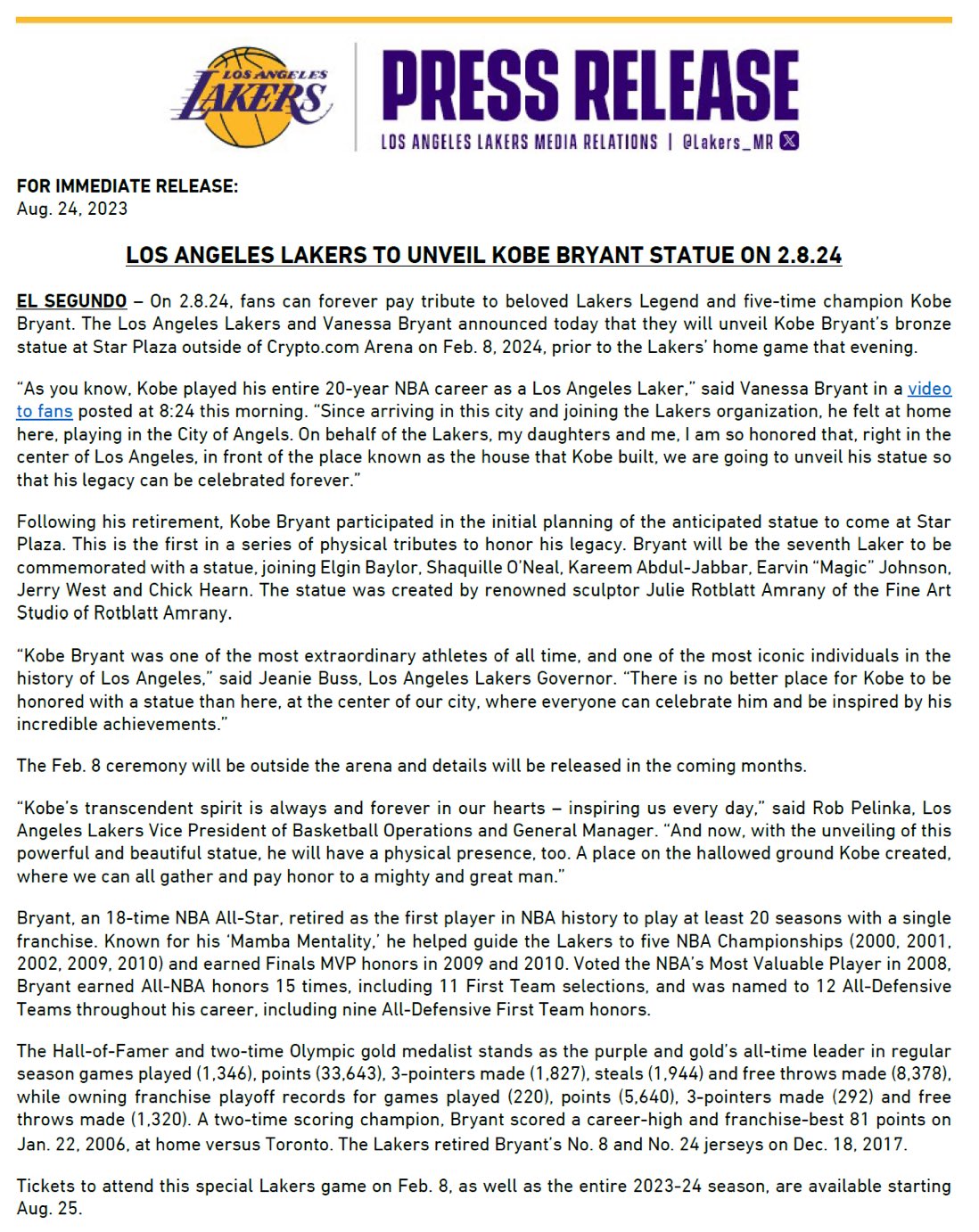 Lakers, Vanessa Bryant announce Kobe Bryant statue to be unveiled outside  arena on Feb. 8, 2024