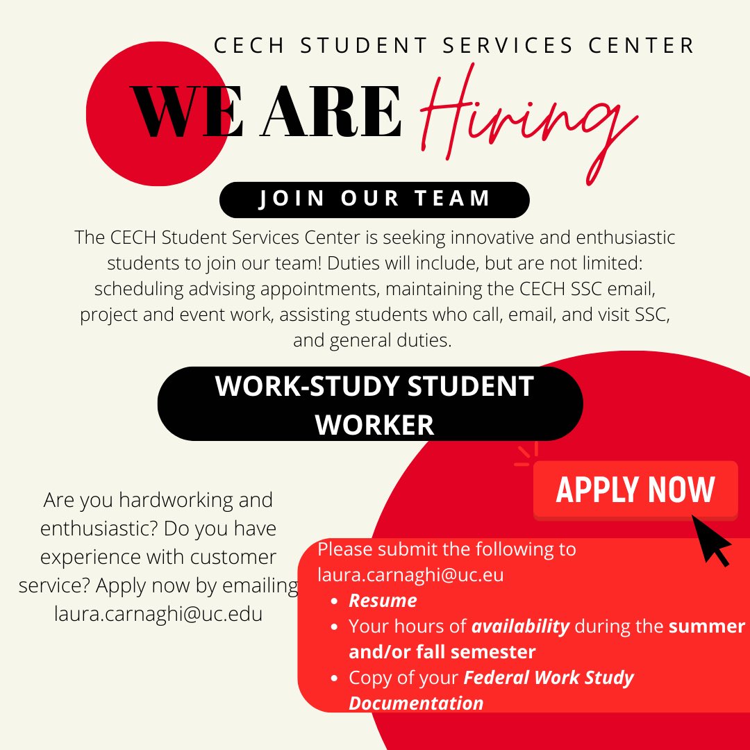 CECHSSC's tweet image. Looking for an on-campus job? How convenient would it be to work in the same building as your classes? Send your information to carnaglf@ucmail.uc.edu if you are interested!