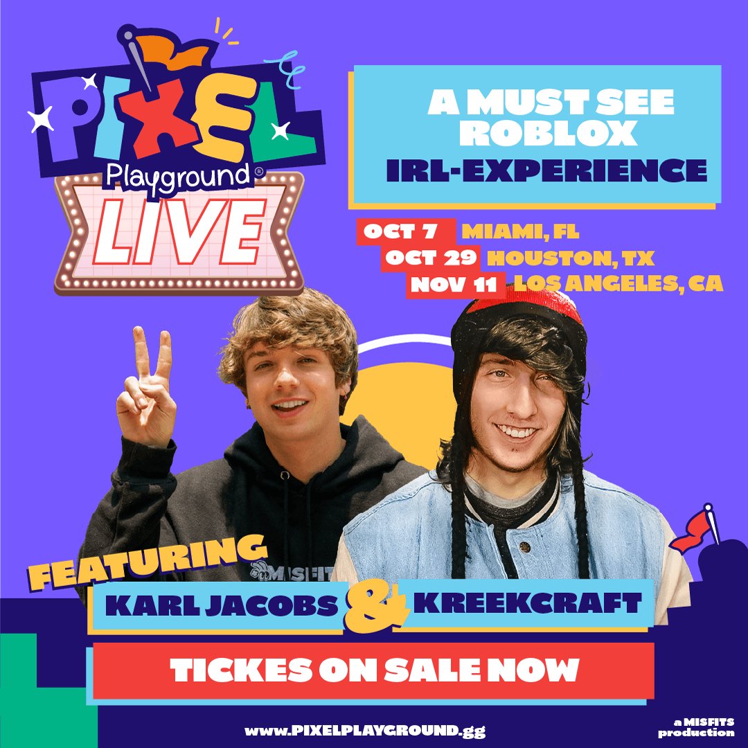 IT'S HAPPENING... KARL JACOBS x KREEKCRAFT LIVE IRL TOUR 🤘 Roblox, Meet & Greets, Q&As, and... other surprises I won't spoil on Twitter :) Tickets LIVE Now: pixelplayground.gg/live