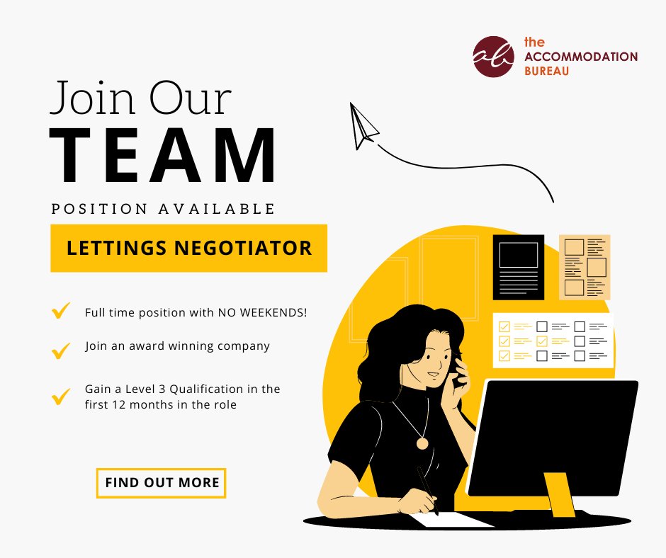 TheAccomBureau's tweet photo. Interested in a career in lettings? We are hiring! We're looking for a positive and enthusiastic person to join our award-winning team in our Bodmin office. No weekend working! Find out more https://t.co/KUdJfl4Rfx https://t.co/5fFy4eOAhq