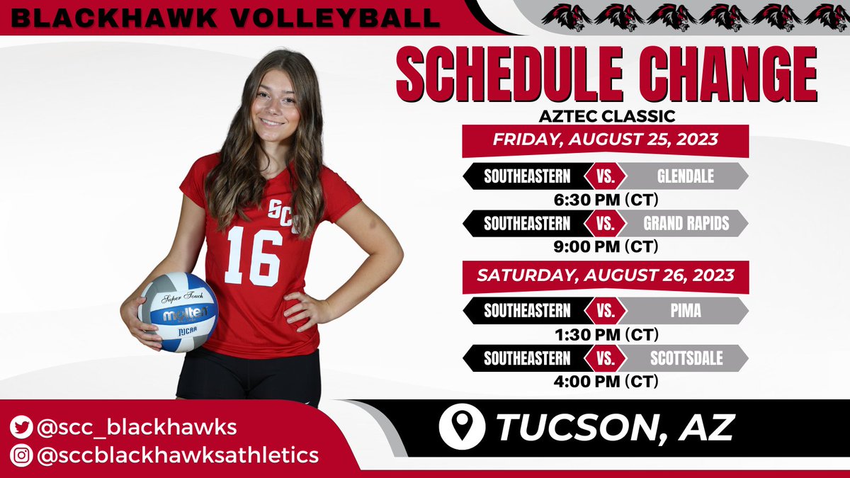 SCC_Blackhawks's tweet photo. 🚨SCHEDULE CHANGE🚨
🏐Aztec Classic🏐
📍Tucson, AZ

🗓️8/25
⏰6:30PM
🆚Glendale

⏰9:00PM
🆚Grand Rapids

🗓️8/26
⏰1:30PM 
🆚Pima

⏰4:00PM
🆚Scottsdale

📺https://t.co/QlFjrg7Zvt
#SCCVB ⚫️ https://t.co/Rl7Viv5seu