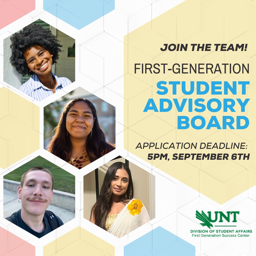 UNTFirstGen's tweet photo. Join our First-Generation Student Advisory Board!
 
Application is now open and closes September 6th!
 
This is a leadership experience open to first-generation identifying UNT students. 
 
Anyone interested can apply here or use the link in bio: https://t.co/TIO2OoTLRp https://t.co/SgxG0VJV9c