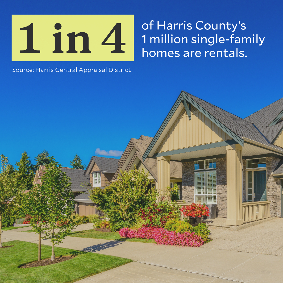 RiceKinderInst's tweet photo. Roughly one-quarter of Harris County’s 1,099,193 single-family homes were rentals. Read more about the #StateofHousing in Houston and Harris County: https://t.co/lYukkH1Pqr https://t.co/QnYzkLYgGx