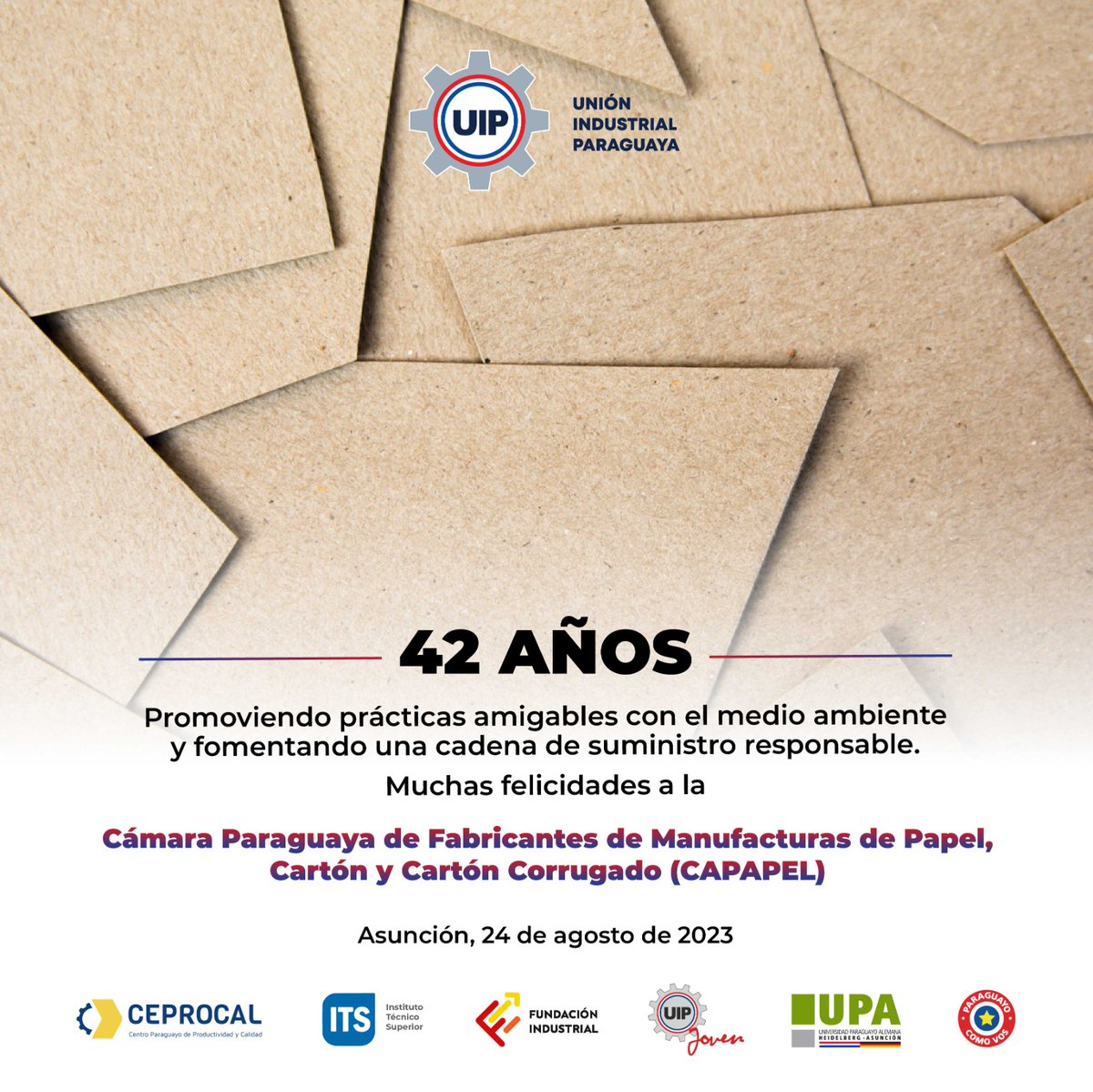 UIP_py's tweet photo. 🙌 Felicitamos a la gran familia de la Cámara Paraguaya de Fabricantes de Manufacturas de Papel, Cartón y Cartón Corrugado por tantos años de trabajo, fomentando la economía verde y el trabajo digno de los paraguayos 🇵🇾
#UIP #CAPAPEL #GremioSocio https://t.co/Z40ESk7u5m