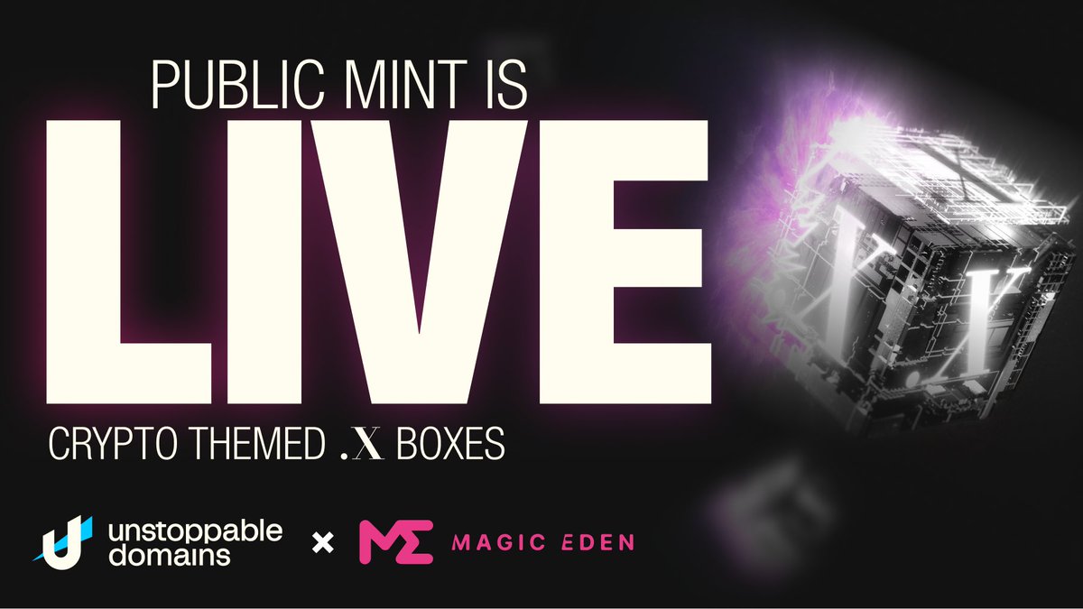 unstoppableweb's tweet photo. It’s minting time!

The public mint for our .X Mystery Boxes with @MagicEden is now live!

https://t.co/WEfWmXaAnA

A few quick things to remember… https://t.co/eKNQbIKmSl