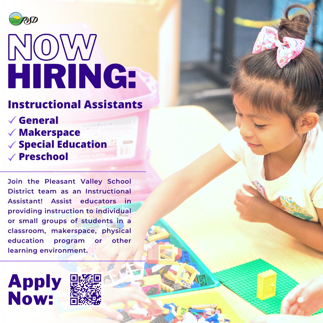 Join PVSD! We're hiring Instructional Assistants:
-General
-Makerspace
-Special Education
-Preschool
Assist educators in providing instruction to individual or small groups of students in a classroom, makerspace, or other learning environment: edjoin.org/pleasantvalley…

#PVproud