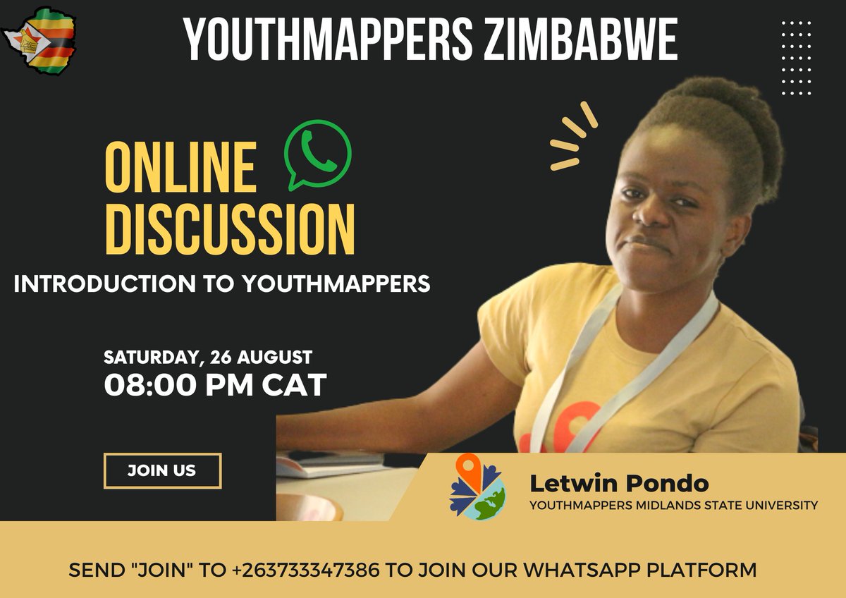 Introduction To YouthMappers🥳💃🏻

Have you been wondering what is YouthMappers? What do YouthMappers do? YouthMappers Zimbabwe is here with all the answers you need 🙋. 

Date: Saturday, 26 August 2023
Times: 2000hrs CAT
Venue: Online

WhatsApp "JOIN" to +263733347386🇿🇼