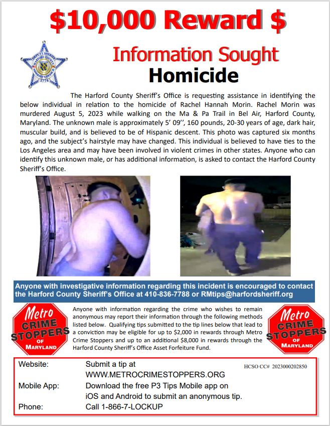 Harford_Sheriff's tweet photo. Up to a $10,000 reward established for information leading to a conviction of the person responsible for the murder of Rachel Morin. https://t.co/LDr9C39heX