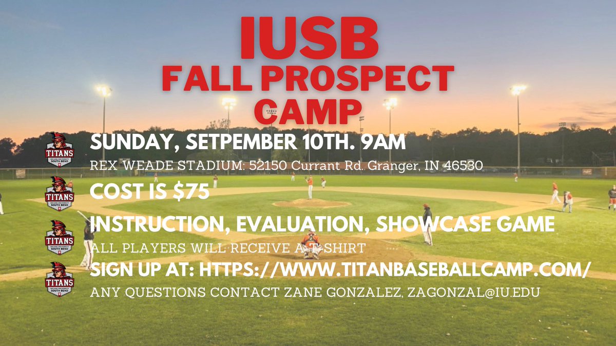 There’s still time to sign up for our fall Prospect Camp! We’re just 2.5 weeks away, and we can’t wait to welcome everyone to The Rex #TitanPride⚔️ titanbaseballcamp.com/fall-prospect-…