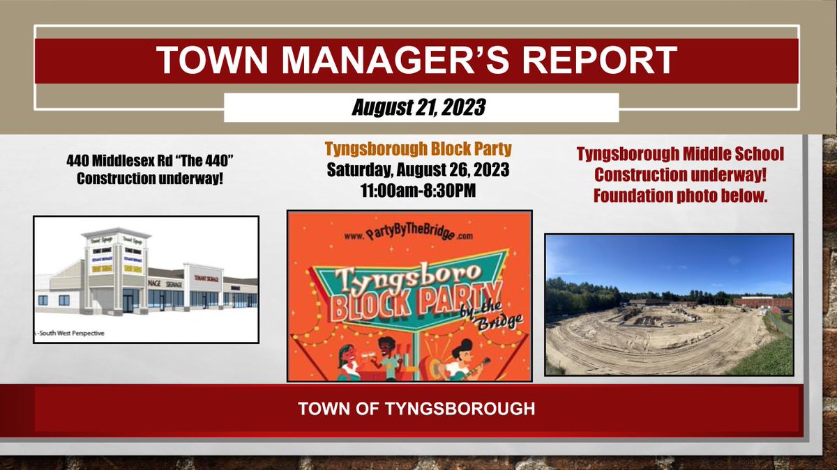 This week's <a href="/TyngsboroughMA/">Tyngsborough, MA</a> Town Manager's report is now available! Don't miss these important throughout town!
CLICK HERE: bit.ly/45mYptI 
Highlights from the report are shown below!