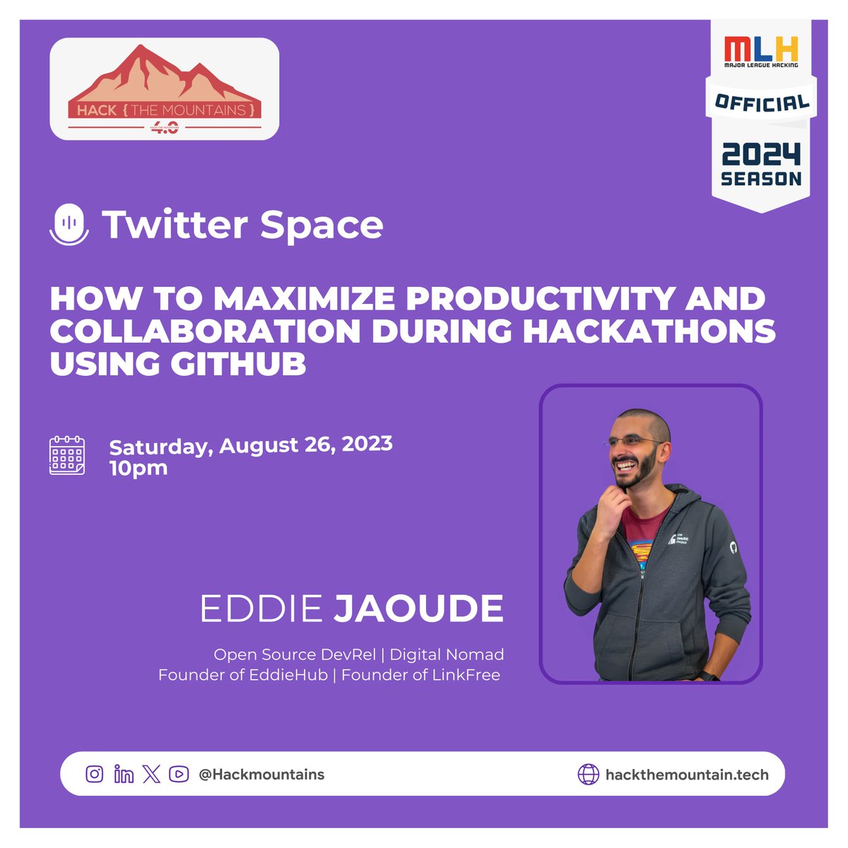 🎙 Spaces Alert

In hackathons we build fast, we break fast, and fix fast! Git &amp; GitHub can help you collaborate on this!

Welcoming <a href="/eddiejaoude/">Eddie Jaoude | Open Source | GitHub Star</a>, the god of open source to talk on this 👑

Time: 10pm, 26th August

Set a reminder -> buff.ly/3QQqsgA