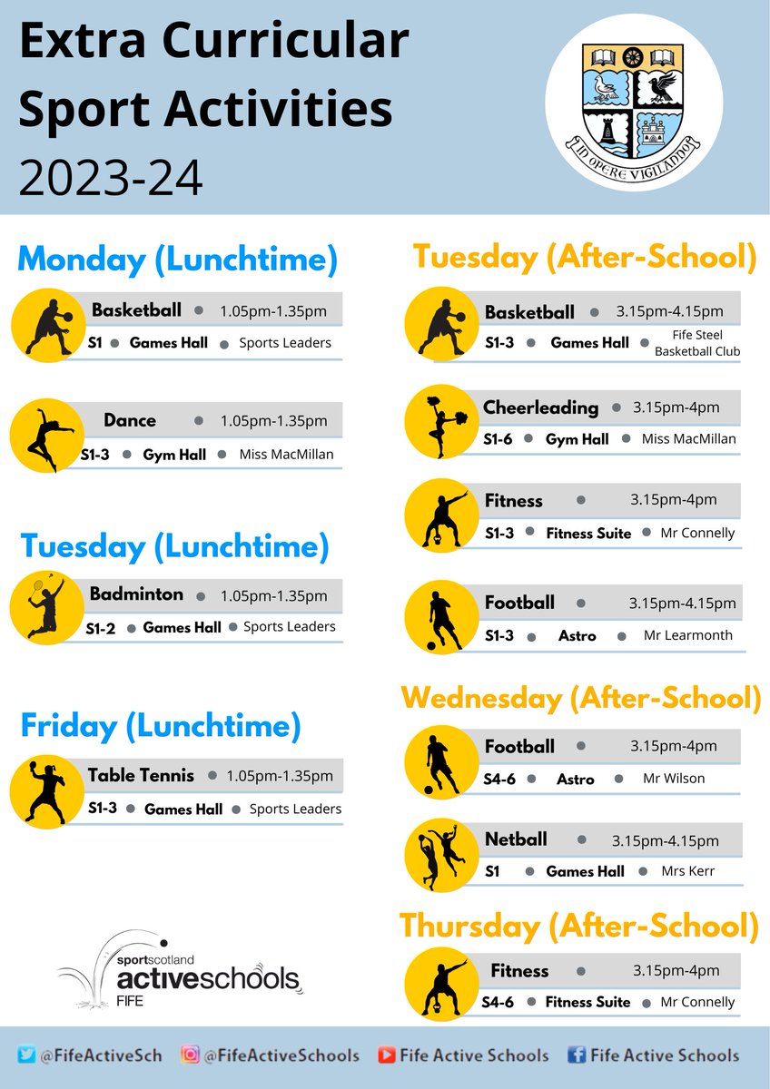 🏀⚽️ | Extra-Curricular 

The <a href="/ViewforthHS/">Viewforth High School</a> extra-curricular sport programme will be starting on Monday 28th August 📆

See below for details of all the activities taking place during lunchbreaks and after-school this term ⬇️⬇️