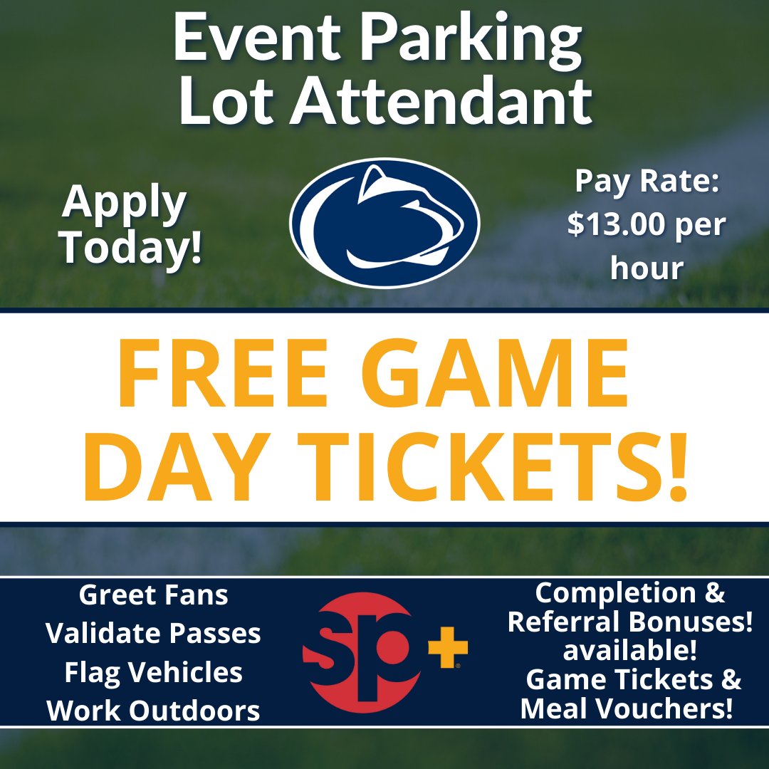 Want a FREE #psufootball Game Day Ticket? Apply with #SPPlus for the 2023 Football Season at #pennstate #PSUJobs 
eventshiring-spplus.icims.com/jobs/search?ss…