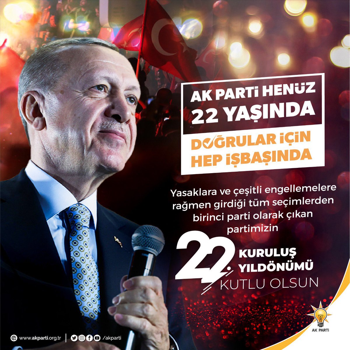 oznurcalik's tweet photo. Genel Başkanımız ve Cumhurbaşkanımız Sayın @RTErdogan: AK Parti’nin 22. kuruluş yıl dönümünün ülkemize ve tüm teşkilatlarımıza hayırlı olmasını diliyorum.
#AkParti22Yaşında https://t.co/0ojZwlEVfo