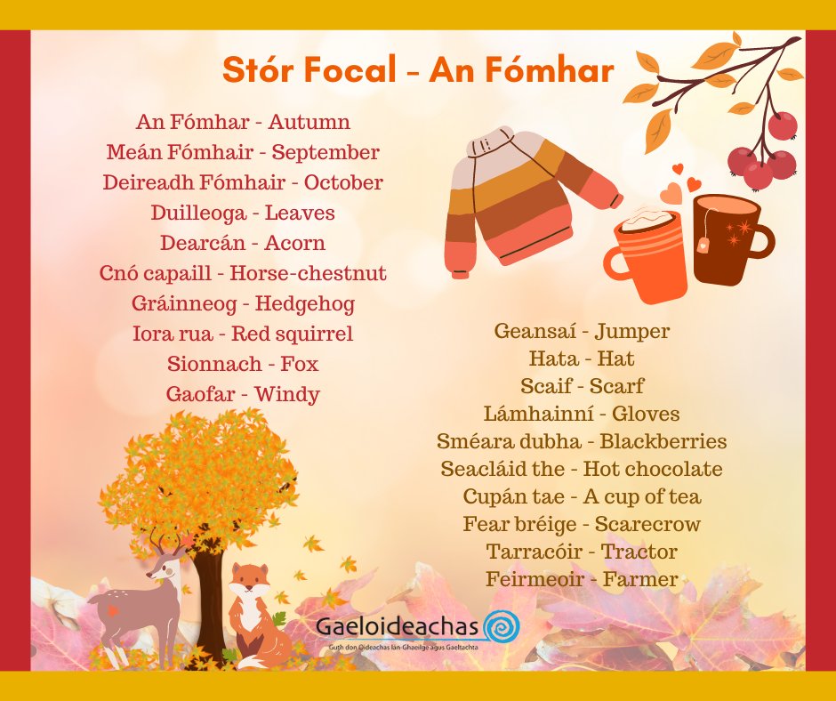Gaeloid's tweet photo. 🍂 Stór Focal - An Fómhar 🍂

Tá neart acmhainní a bhaineann le téama an Fhómhair ar fáil ar shuíomh idirlín Gaeloideachas anois! Bealach deas tús a chur leis an scoilbhliain nua 🦔

https://t.co/nkRwkphxzX https://t.co/otSdqQN9Co