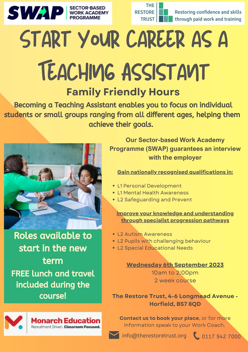 TheRestoreTrust's tweet photo. Start your career as a Teaching Assistant🧑‍🏫
Join our full funded two week course to gain all the relevant qualifications you need to bring that to life!

Starting Wednesday 6th September 2023, with guaranteed interviews at the end of your course with an employer!
#therestoretrust https://t.co/OmD4BmFj2j