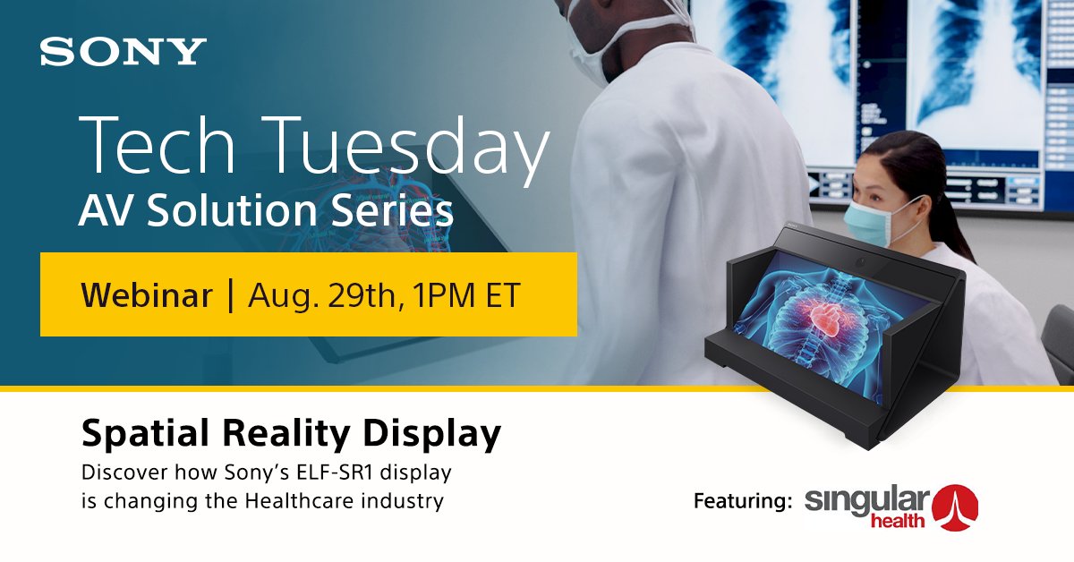 SonyProUSA's tweet photo. Don’t miss next week’s Tech Tuesday which focuses on our SRD’s &amp; how they impact the healthcare industry. This episode features #TeamSony’s Thaisa Yamamura, Chris Feldman &amp; David Kurowski, @Singular_Health's Thomas Morrell, &amp; @Cg1Solutions' Edwin Rivera: https://t.co/pGii5PE7Kk https://t.co/VYCnmoqB2o