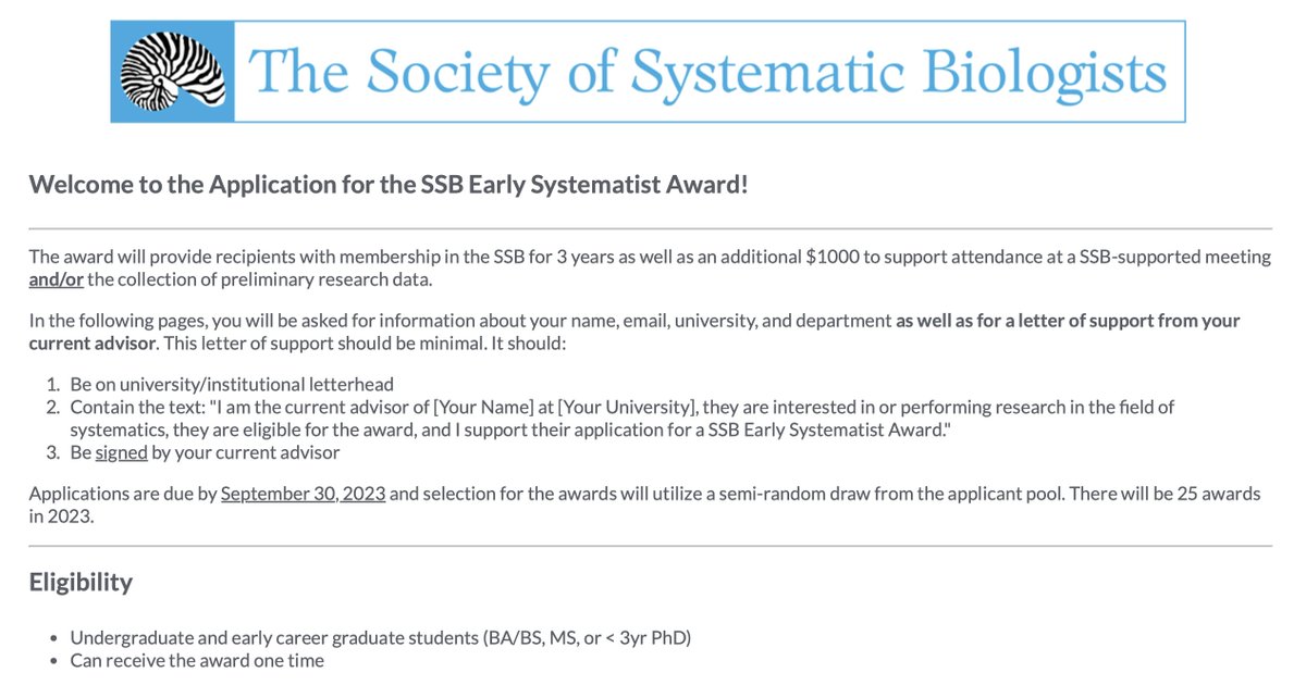 brant faircloth (@brantfaircloth) on Twitter photo Please apply for the <a href="/systbiol/">Society of Systematic Biologists</a> Early Systematist Award! You will receive $1000 in support of conference attendance or research and 3 years membership in the <a href="/systbiol/">Society of Systematic Biologists</a>. Requirements in image (and on linked form).
Apply here: lsu.formstack.com/forms/ssb_earl… Please apply for the <a href="/systbiol/">Society of Systematic Biologists</a> Early Systematist Award! You will receive $1000 in support of conference attendance or research and 3 years membership in the <a href="/systbiol/">Society of Systematic Biologists</a>. Requirements in image (and on linked form).
Apply here: lsu.formstack.com/forms/ssb_earl…