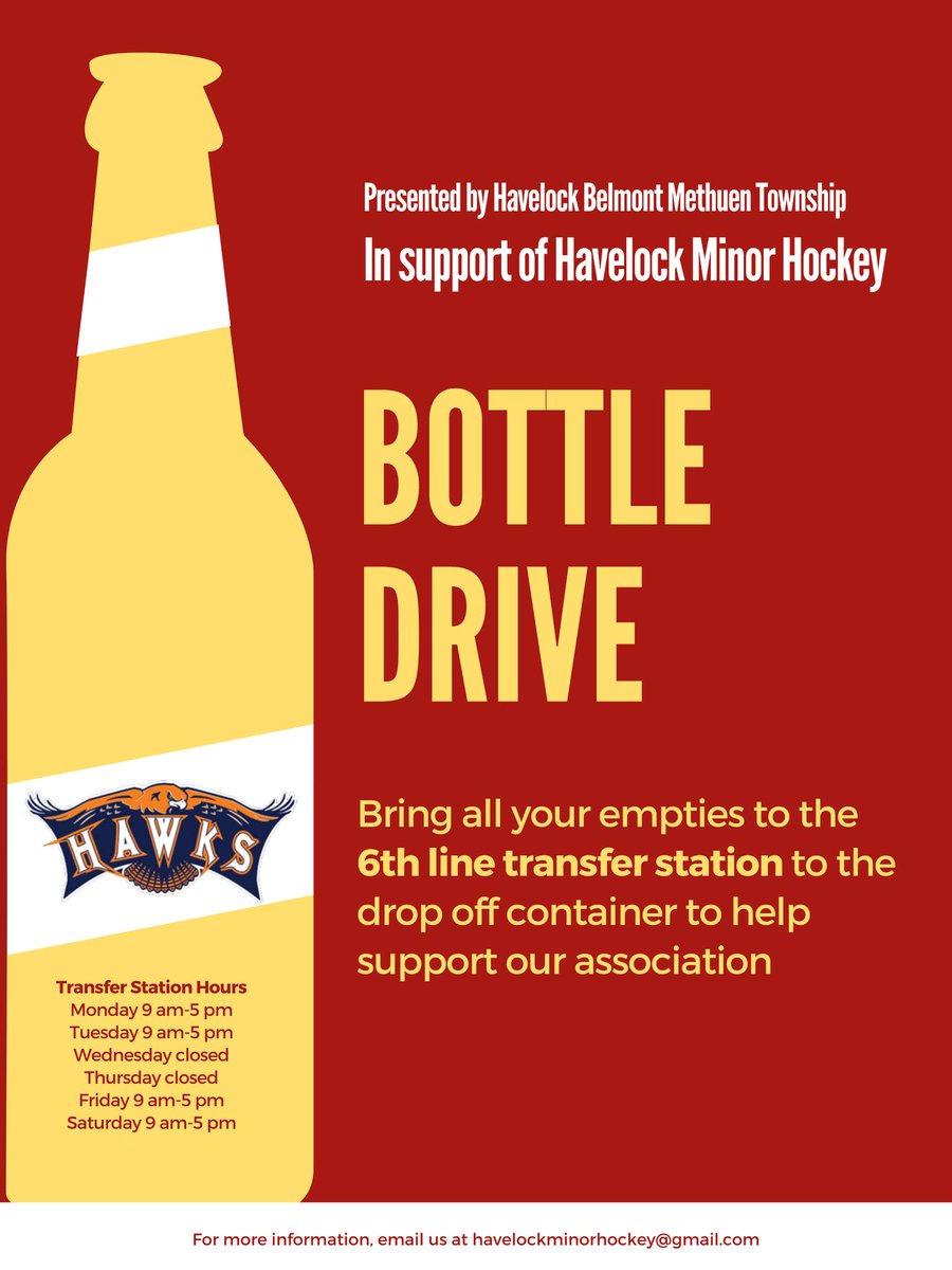 2023 HBM Township Bottle Return program is underway at the 6th Line Transfer Station and all monies collected will benefit the Havelock Minor Hockey Assn!  So, bring your LCBO &amp; Beer Store empties and drop them inside the Bottle Drive container inside the gate. Thank you.