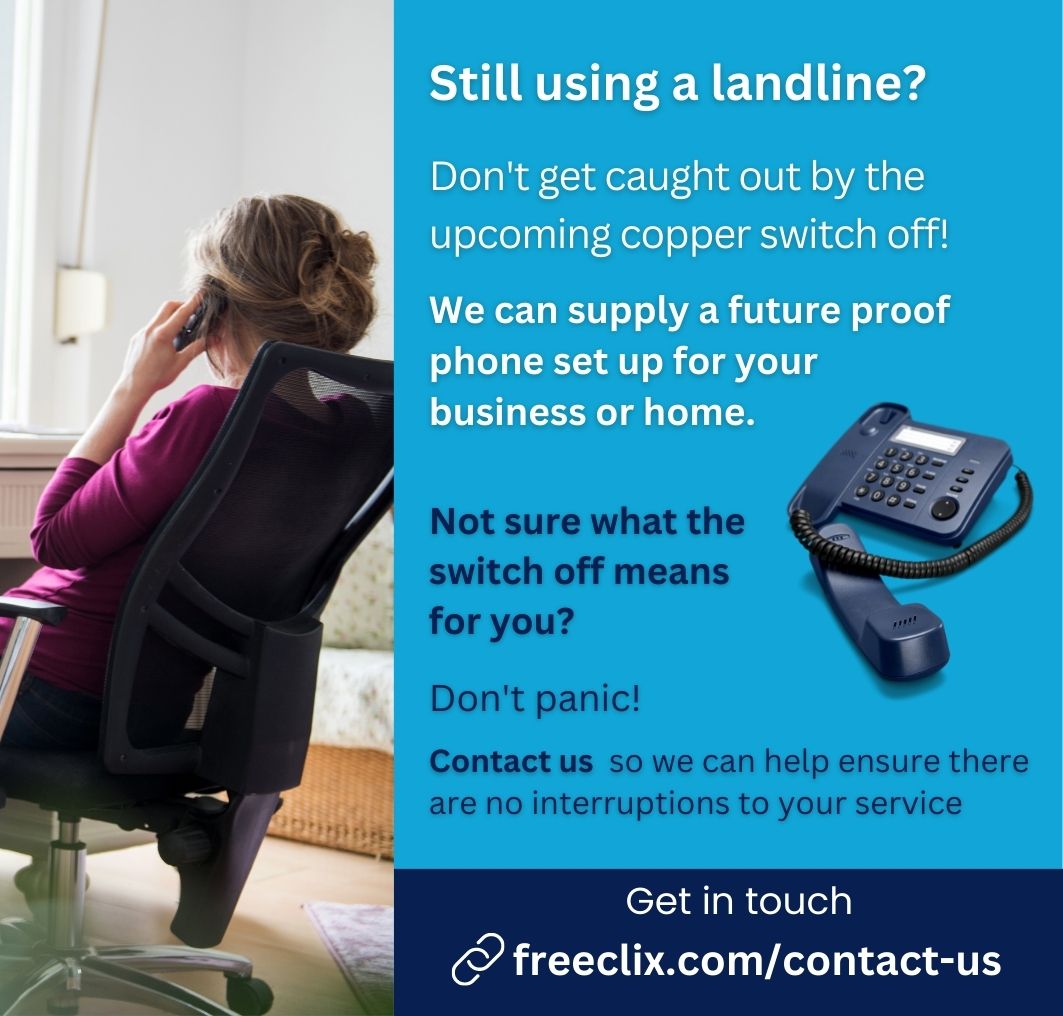 Worried about the copper switch off? Don't fret! We've got you covered! 😃 We can help you seamlessly transition from a landline to a future-proof phone system. Stay connected and avoid any service disruptions! freeclix.com/contact-us/ #CopperSwitchOff #FutureProof #StayConnected
