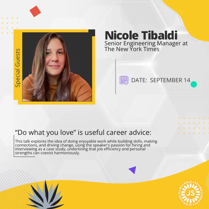 🎟🎟🎟

✨ #JSConfMX23 es la oportunidad perfecta para conectar con la comunidad tech.

Algunas pláticas imperdibles para mi son las de:
🚀 <a href="/CarolinaPascale/">Carolina Pascale</a> Sr Software Engineer - Netflix 
📰 <a href="/nicoletibaldi/">Nicole Tibaldi</a> Sr Engineering Manager - The New York Times

🤘🏻 ¿A quién veo por allá?