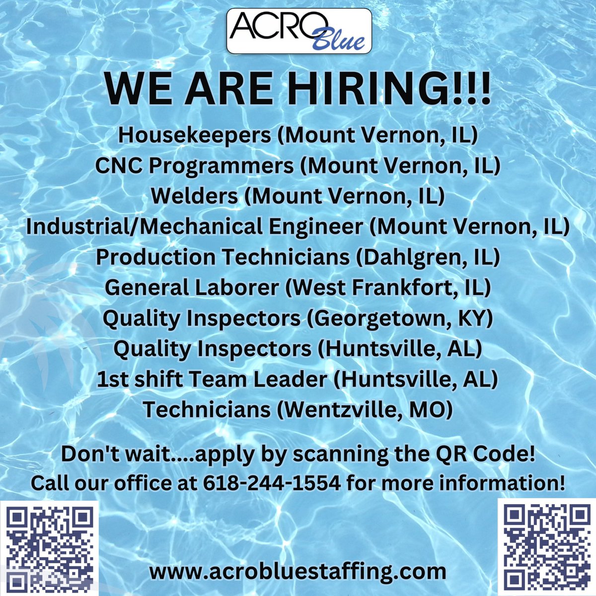 Acro Blue is hiring! Check out our current openings! #acrobluecareers #careers #opportunities #August2023 #manufacturing #technicians #welders #housekeeper #engineers #production #mountvernonil #huntsvilleal #georgetownky #wentzvillemo #missouri #illinois #kentucky #Alabama