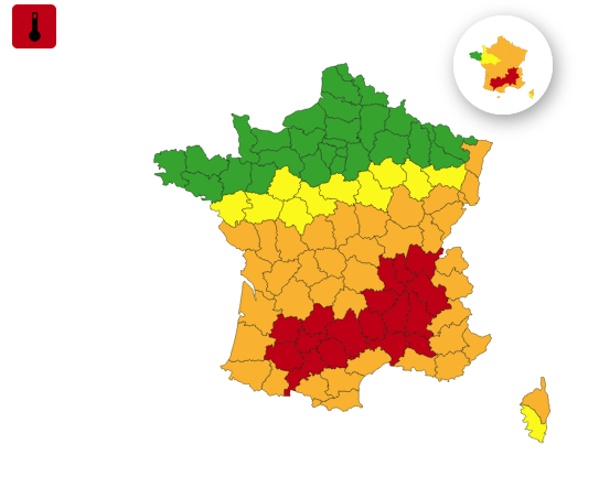 Interieur_Gouv's tweet photo. ⛈️🟠Dès ce soir puis demain, 37 départements sont en #VigilanceOrange #orages : un épisode fort balaiera le nord et l’est du pays.

🌡️🔴🟠La #canicule se poursuit avec 17 départements en #VigilanceRouge et 39 départements en #VigilanceOrange.

📲https://t.co/gHVq4UCDKF https://t.co/1YfKEaO8BU