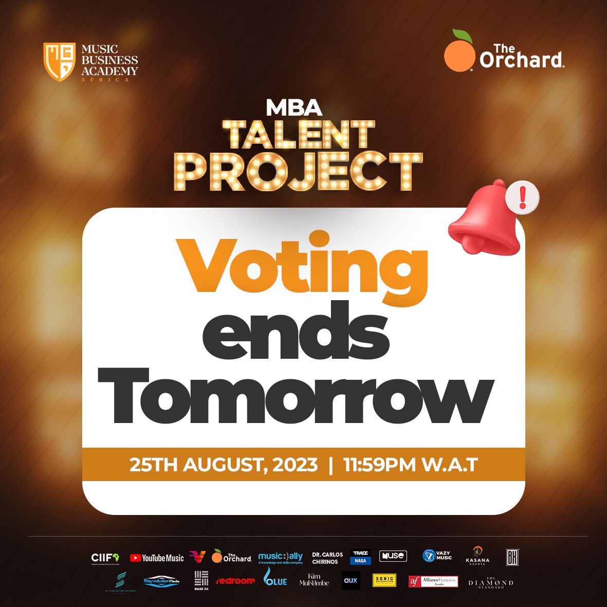 cbaforafrica's tweet photo. The Public Voting Phase of the MBA Talent Project in partnership with The Orchard (@orchtweets) ends tomorrow, 25th August, 2023 by 11:59pm WAT.
Visit https://t.co/OW9i7u8J46 to listen and vote for your favorites artists now!
#MBATalentProject #MBAForAfrica https://t.co/oDQQ614I8U