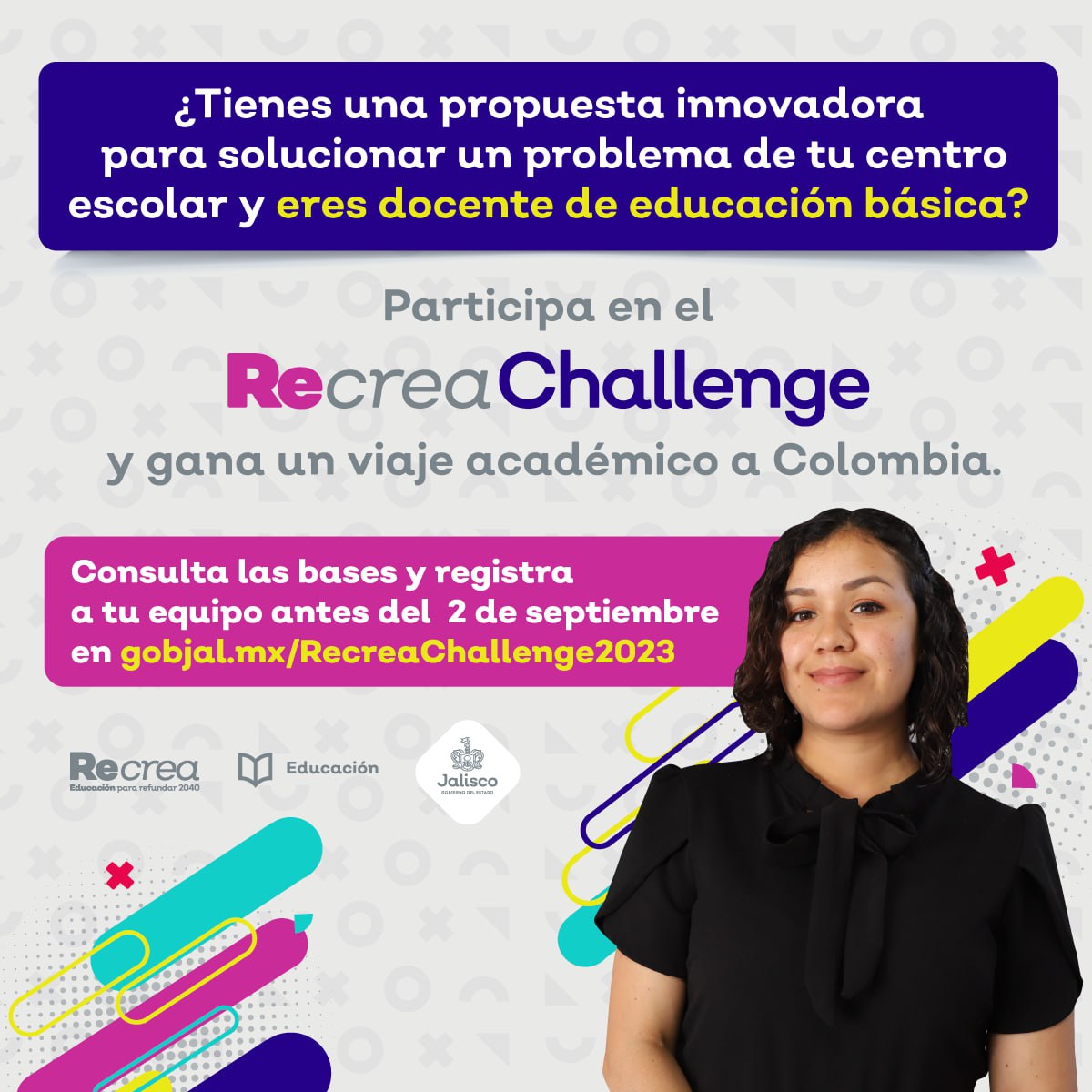 JCFloresMiramon's tweet photo. Estimadas maestras y maestros, es tiempo de formar equipos para unir sus conocimientos y creatividad en el reto #RecreaChallenge, donde deberán presentar soluciones innovadoras que transformarán sus comunidades de aprendizaje.
Inscríbanse en: https://t.co/Om3CdsX23J https://t.co/vOdGb7jsxn