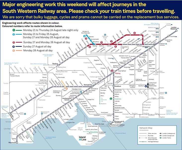 🚧 Planned engineering works are taking place on the South Western Railway network this weekend, Sunday 27 and Monday 28 August. More information here: 👇 southwesternrailway.com/plan-my-journe…