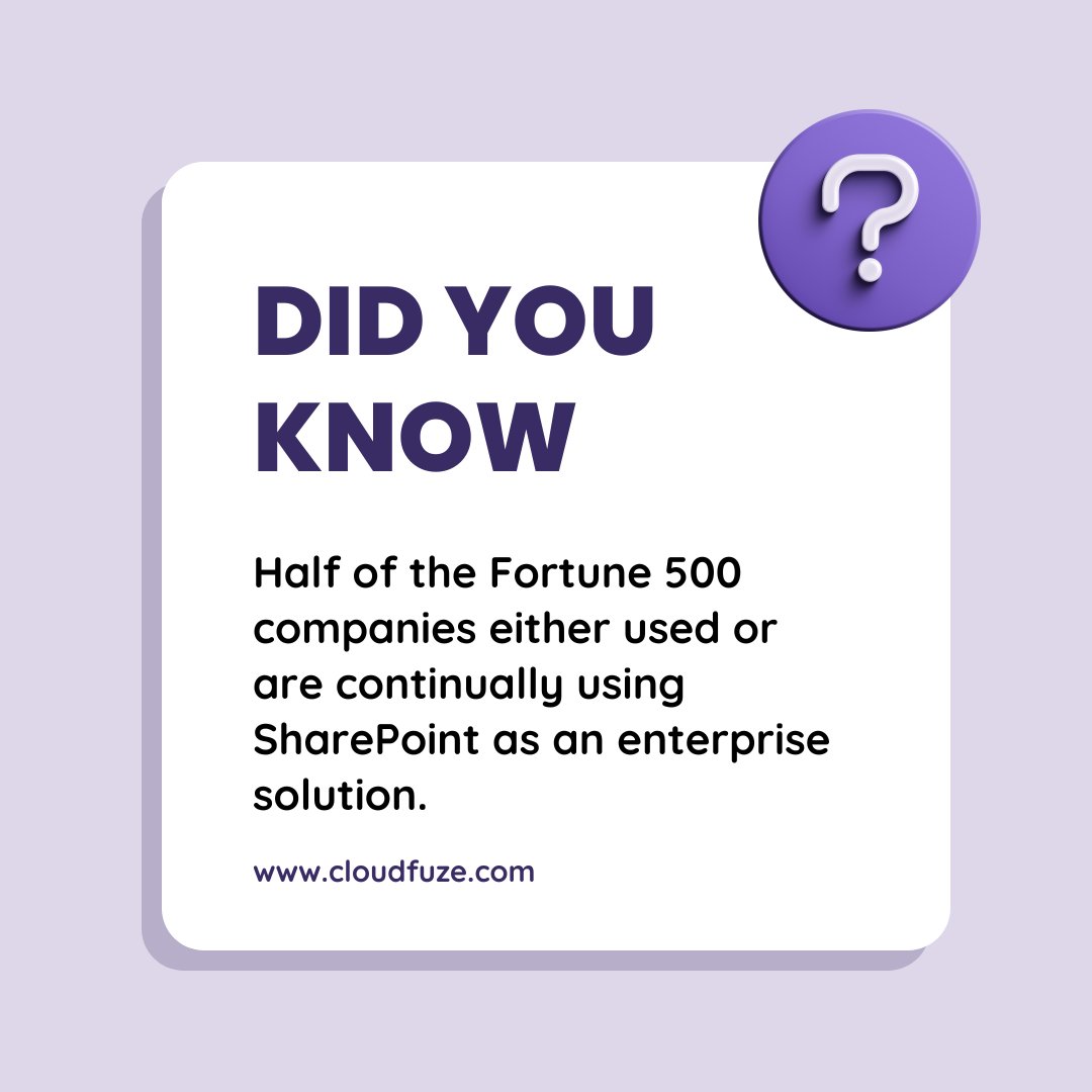CloudFuze's tweet image. Powering success: SharePoint is the choice of half the Fortune 500 companies for their enterprise needs. 🏢💼

ow.ly/vpbi50PAkq2

#SharePointSuccess #EnterpriseSolution #Fortune500 #Business