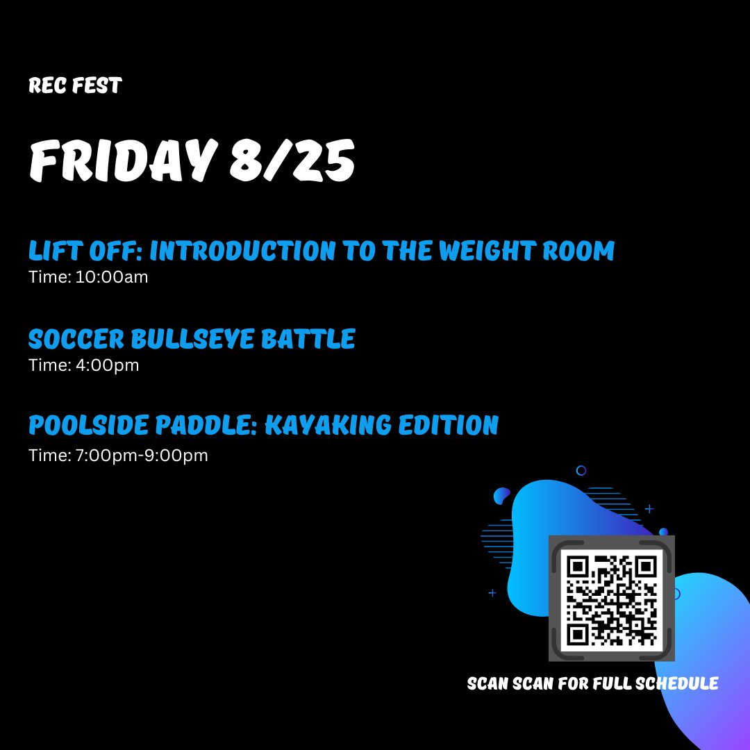 UNTRecSports's tweet image. Day 5 of Rec Fest!!  Learn the ins and outs of the weight room
Scan the QR code for more details on each event

#RecFest2023 #RecFest2022 #GetExcited #QRCode #EventDetails #UniversityofNorthTexas #UNTLife #CollegeEvents #CampusLife #FitnessEvents #SportsEvents