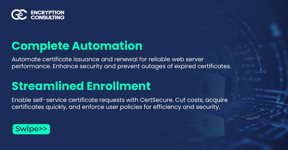 encryptioncons's tweet image. Simplify complexity, enhance security, and streamline processes. Experience efficient certificate management with CertSecure Manager.

encryptionconsulting.com/certificate-ma…

#EncryptionConsulting #CertSecureManager #CertificateManagement #MicrosoftPKI #Cybersecurity