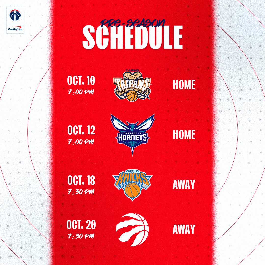 Our preseason schedule is locked in. 🔒 All preseason games will be broadcast on NBC Sports Washington, soon to be @MonSportsNet. 📺 📰 Read more: on.nba.com/44r9KYl