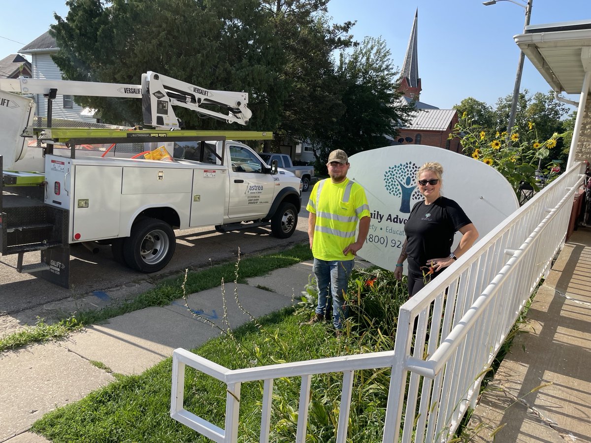 AstreaConnect's tweet photo. Today we installed fiber Internet for Family Advocates in Platteville, WI. We are donating this service free of charge to help the staff, volunteers, and community members who need it. Pictured are James, our Technician and Melissa, the Assistant Director of Family Advocates. https://t.co/aFBsD6ld7q