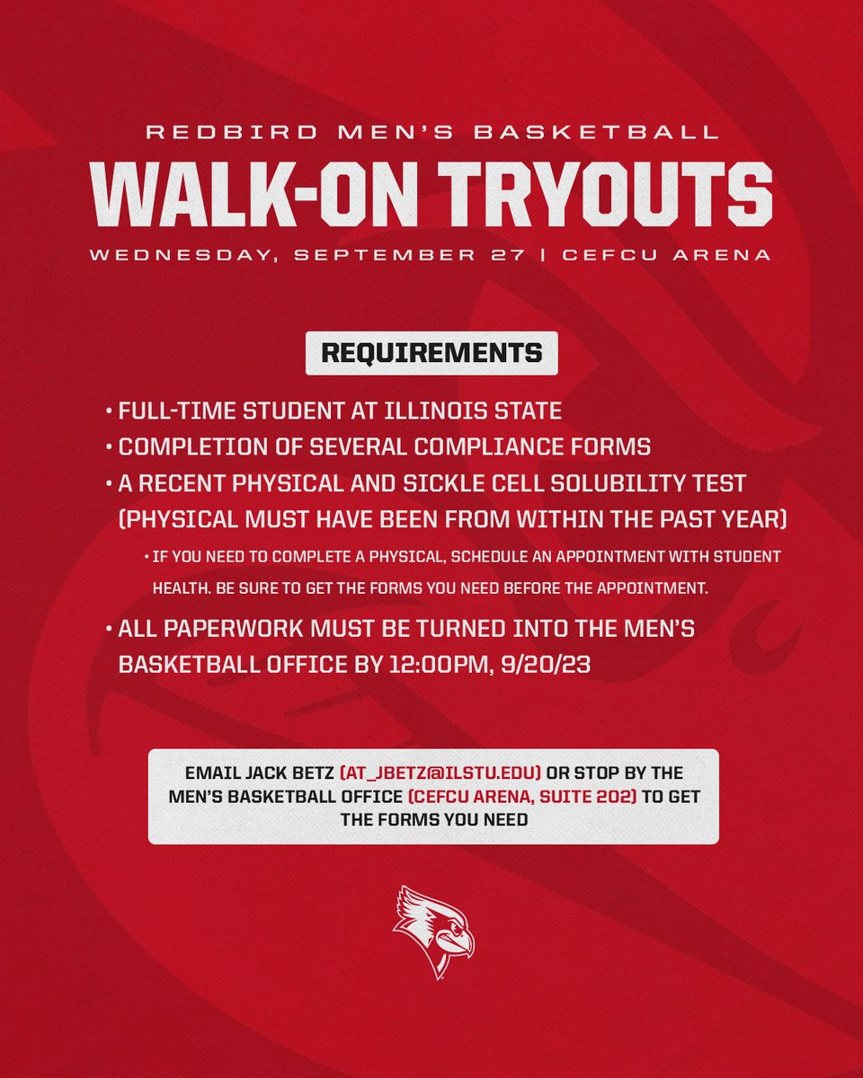 Walk-on tryout information below.

All forms must be turned into the MBB Office by September 20 to be able to try out.