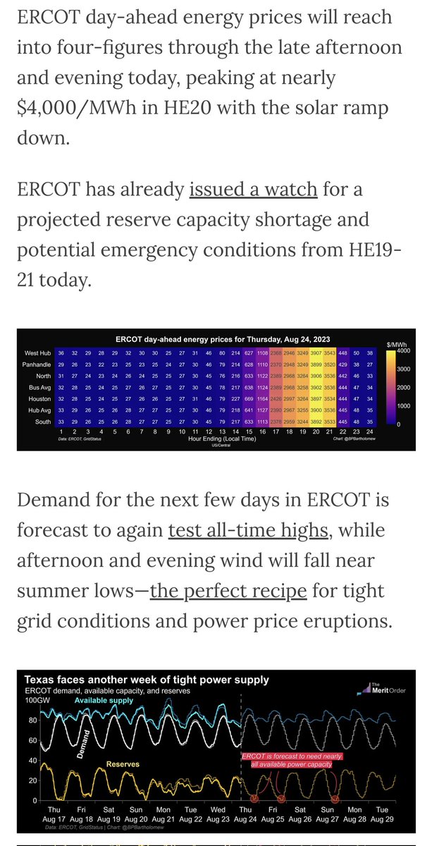 TheMeritOrder's tweet photo. More fireworks in ERCOT, with $3,000/MWh+ day ahead prices and potential emergency conditions later this evening

https://t.co/fybcOQ1CCm https://t.co/5lYHourTeB