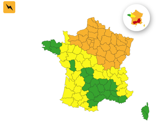 Interieur_Gouv's tweet photo. ⛈️🟠Dès ce soir puis demain, 37 départements sont en #VigilanceOrange #orages : un épisode fort balaiera le nord et l’est du pays.

🌡️🔴🟠La #canicule se poursuit avec 17 départements en #VigilanceRouge et 39 départements en #VigilanceOrange.

📲https://t.co/gHVq4UCDKF https://t.co/1YfKEaO8BU
