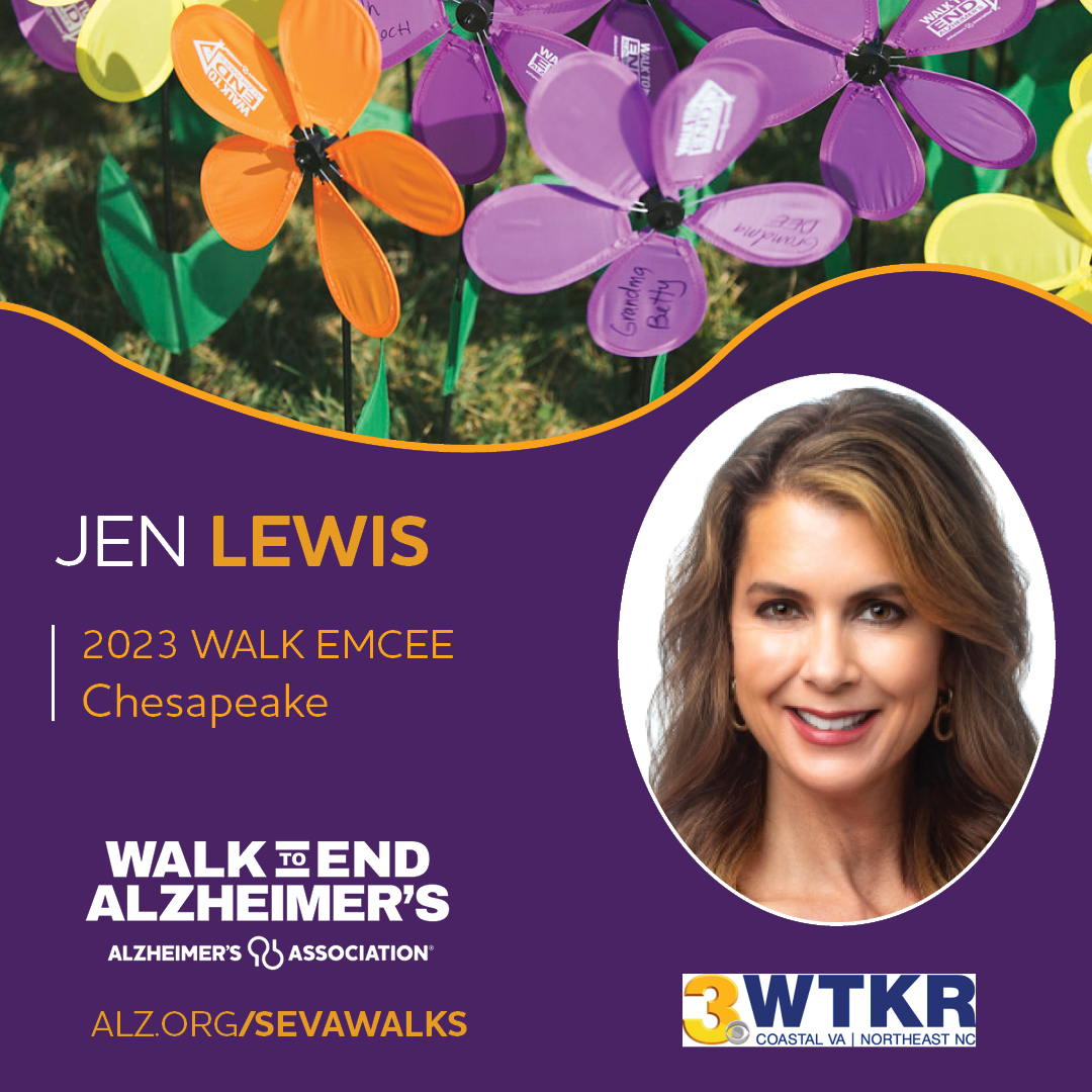 We're excited to share that <a href="/jenlewismedia/">Jen Lewis</a>, traffic anchor with <a href="/WTKR3/">WTKR News 3</a> will emcee Walk to End Alzheimer's - Chesapeake on Sep. 23! We're getting closer than ever to stopping Alzheimer’s. But to get there, we need you! Register at alz.org/sevawalks. Together, we can #ENDALZ!