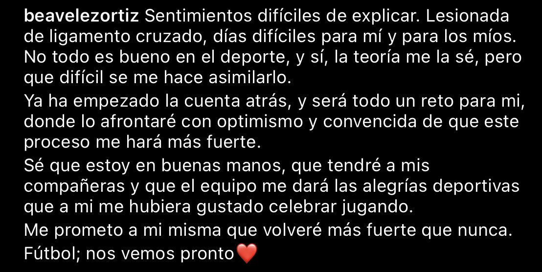 Bea Vélez, delantera del Real Madrid B, ha anunciado en su cuenta de Instagram que ha sufrido una lesión en el ligamento cruzado anterior de su rodilla que la mantendrá muchos meses alejada de los terrenos de juego.

¡Muchísimo ánimo, <a href="/OrtixVelez/">Beatriz Vélez🤍</a>! 

Volverás más fuerte 🤍