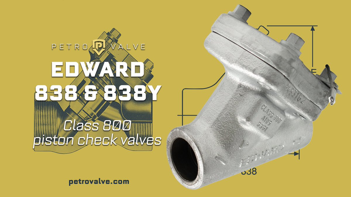 PetroValveInc's tweet photo. The Edward 838 and the 838Y are both are class 800 forged steel y-pattern piston check valves. While the 838 comes threaded, the 838Y has socket weld ends.

https://t.co/Htr72yEqP1

#EdwardValves #Valves #Power #Energy #CheckValves #ValveDistributor https://t.co/kQDDfJIHuI
