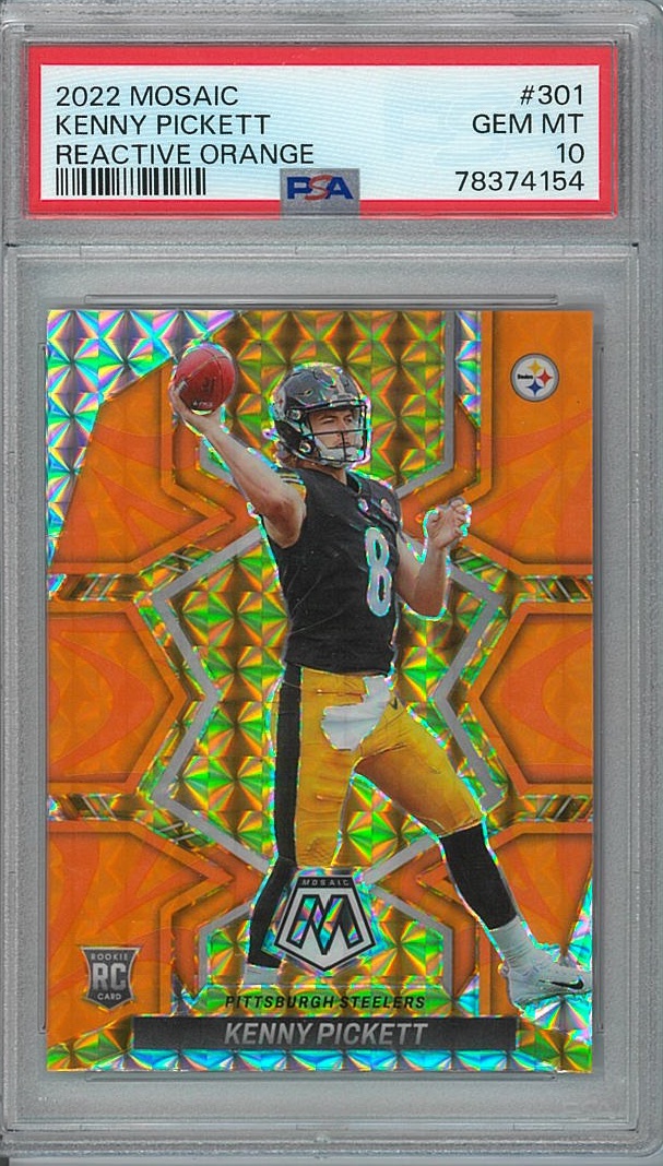 MacksPacks's tweet photo. Kenny Pickett 2022 Mosaic Reactive Orange RC PSA 10! 
$115 shipped! DM me if interested!
@CardPurchaser 
#Steelers #Panini #whodoyoucollect #thehobby https://t.co/Ff52cppbFX