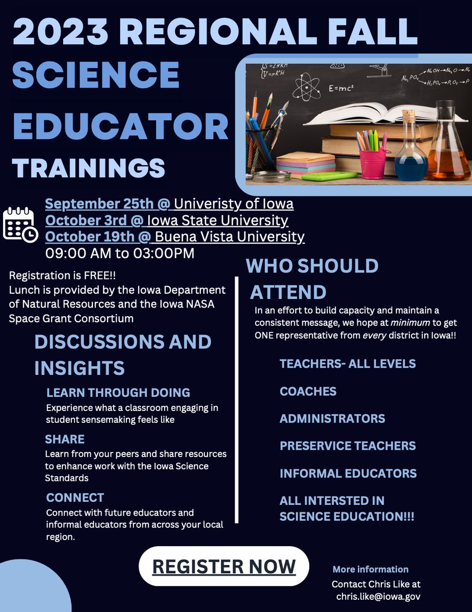 iowaphenomena's tweet image. We will be at the 2023 Regional Fall Science Educator Trainings-will YOU? Sign up today for one of three FREE events offered across the state at @uiowa, @iastate and @BuenaVistaUniv!  bit.ly/isp-f23SciTrai…