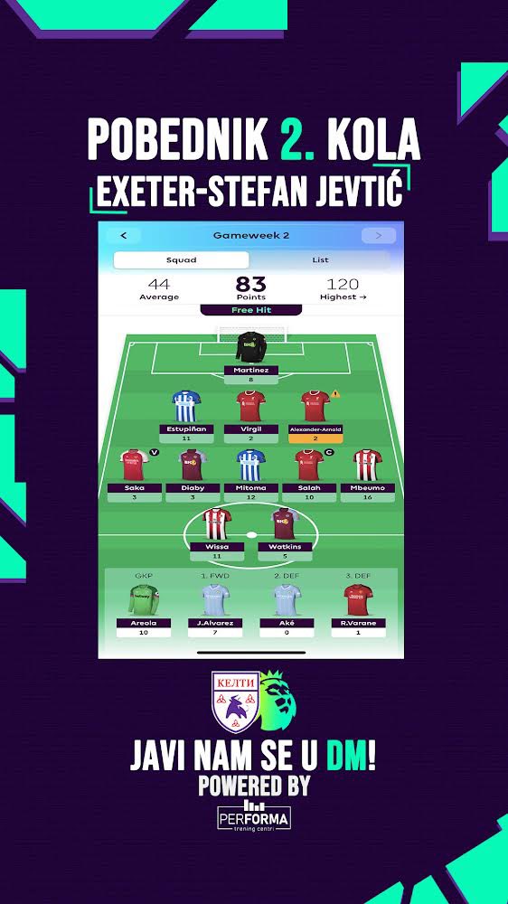 FKKelti's tweet photo. Pobednik #GW2 Keltske #fantasy lige je Stefan Jevtiฤ sa ekipom - Exeter.
Javi nam se u #Instagram DM za informacije o preuzimanju nagade!
Sreฤno svima u #GW3!
#FPL #PremiereLeague #fantasyfpl https://t.co/WoIzjj7fmD