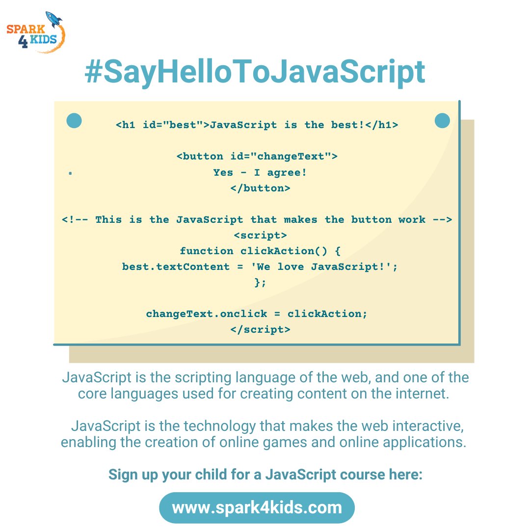 Spark4Kids's tweet image. Sign your child up for a JavaScript course today at spark4kids.com

#JavaScript #Spark4Kids #CodingSkills #CodingForKids #LearnToCode #KidsLearnCoding #FreeTasterSessions