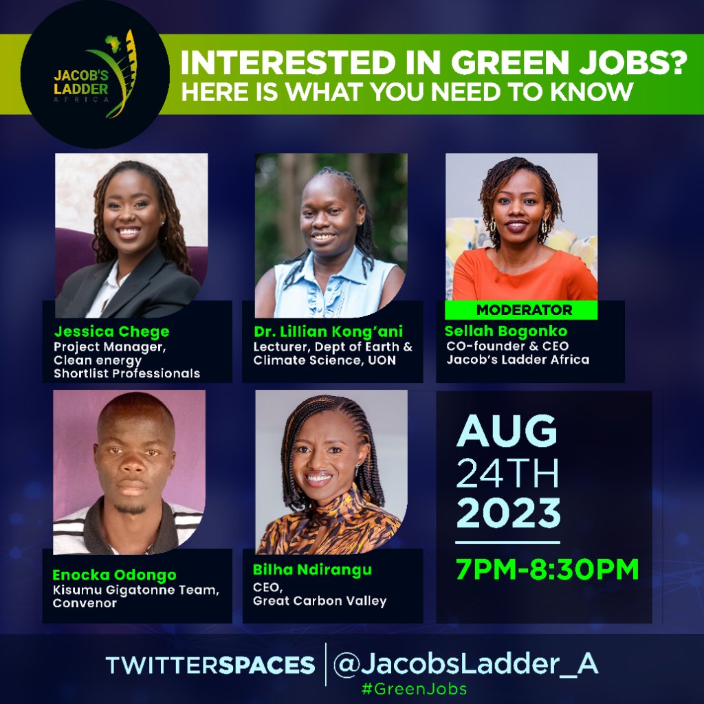 #GreenJobsAfrica is hosting a space and this is the space that you should join if you want insightful conversation

Jacobs Ladder Africa
@JacobsLadder_A 
@Sellahb 
@Bilha_Ndirangu
@Enocka_Odongo
@KonganiLNS
@JessieChege