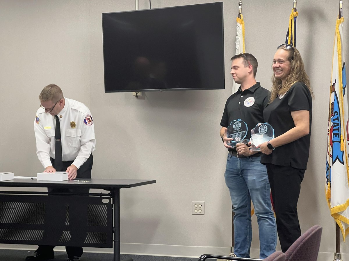 ACDCdispatch's tweet photo. Last Wednesday, TCs Chris & Abby received awards from Tri-State FPD for providing CPR & quick use of resources to direct responders to the patient on a path at DuPage County Forest Preserve. Their actions helped save the patient's life. #TristateFPD #ACDCpride #Iam911 #IAED https://t.co/VzrfRWxnux